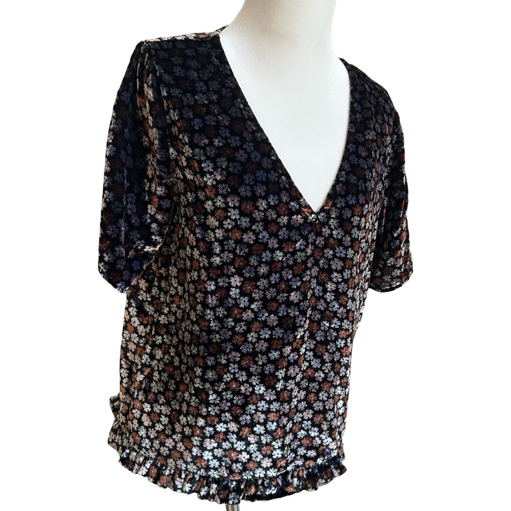 Madewell Burnout Velvet Charcoal Petite Blooms Tulip-Sleeve Ruffle Blouse Med - Picture 7 of 13
